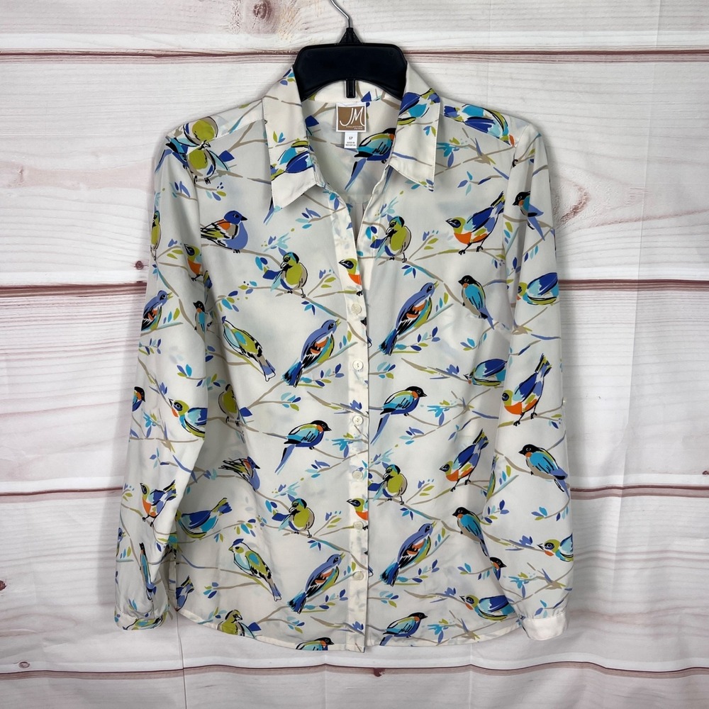 JM Collection Top Womens 6P Cream Button Up Bird Print Graphic Long Sleeve Woven